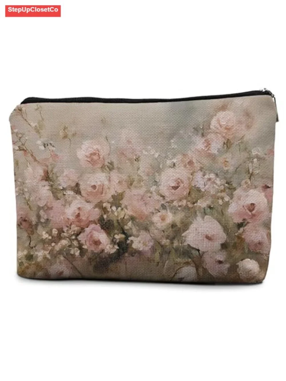 Vintage Floral Makeup Bag Linen Canvas Zipper Pouch